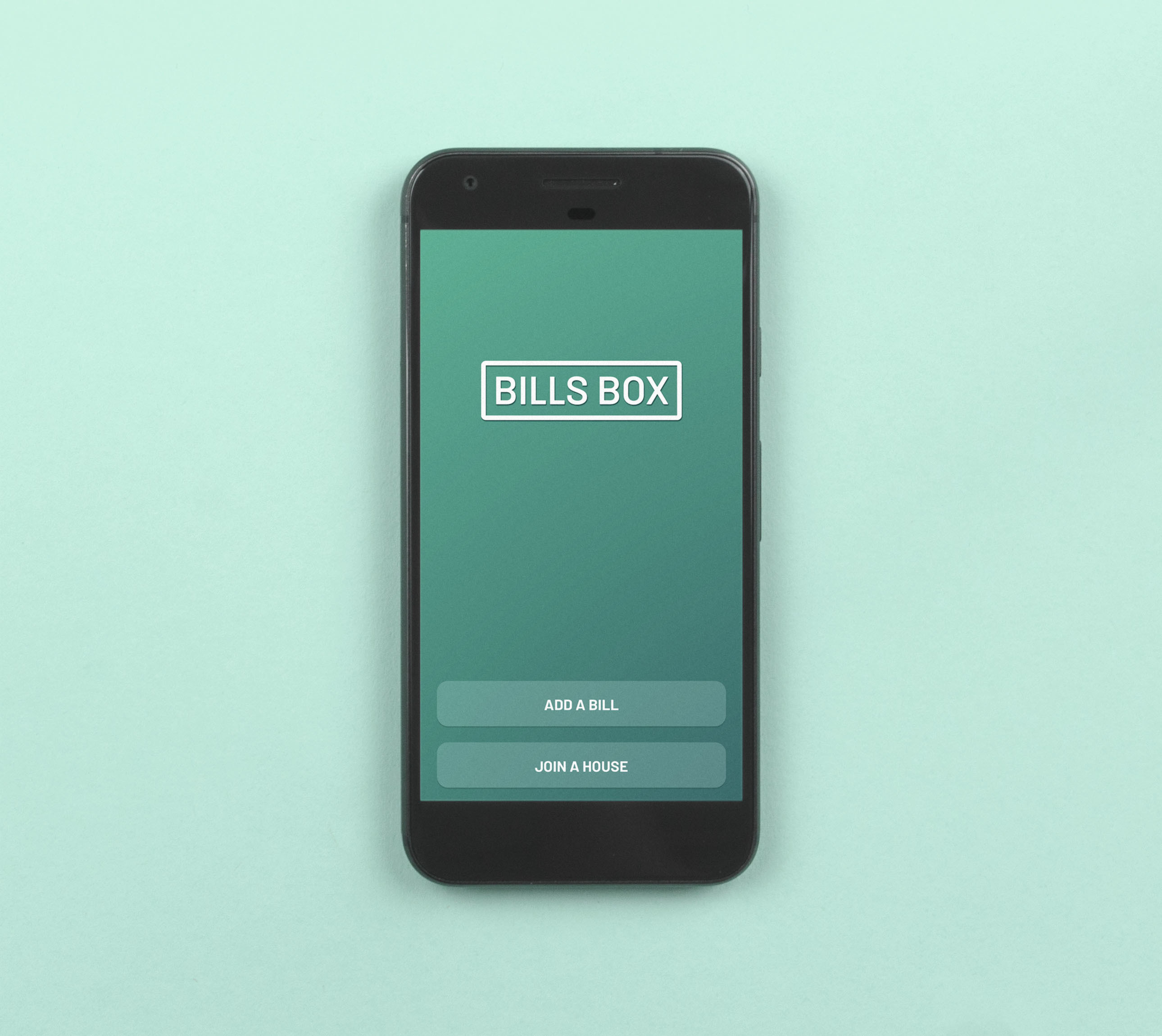 Bills box app launch screen showing ’add an account’ and ’join house’ buttons